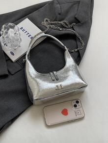 Bolso hobo plata con cadena PU con cremallera - Plateado - Ver 6