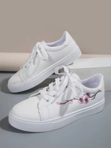 Women Floral Embroidered Lace-up Front Skate Shoes, Sporty Outdoor Sneakers