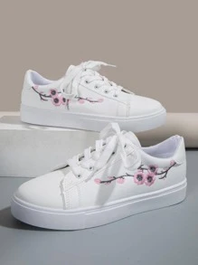 Women Floral Embroidered Lace-up Front Skate Shoes, Sporty Outdoor Sneakers