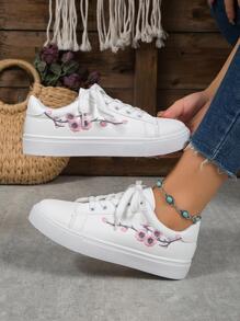 Women Floral Embroidered Lace-up Front Skate Shoes, Sporty Outdoor Sneakers