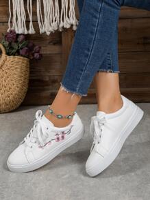 Women Floral Embroidered Lace-up Front Skate Shoes, Sporty Outdoor Sneakers
