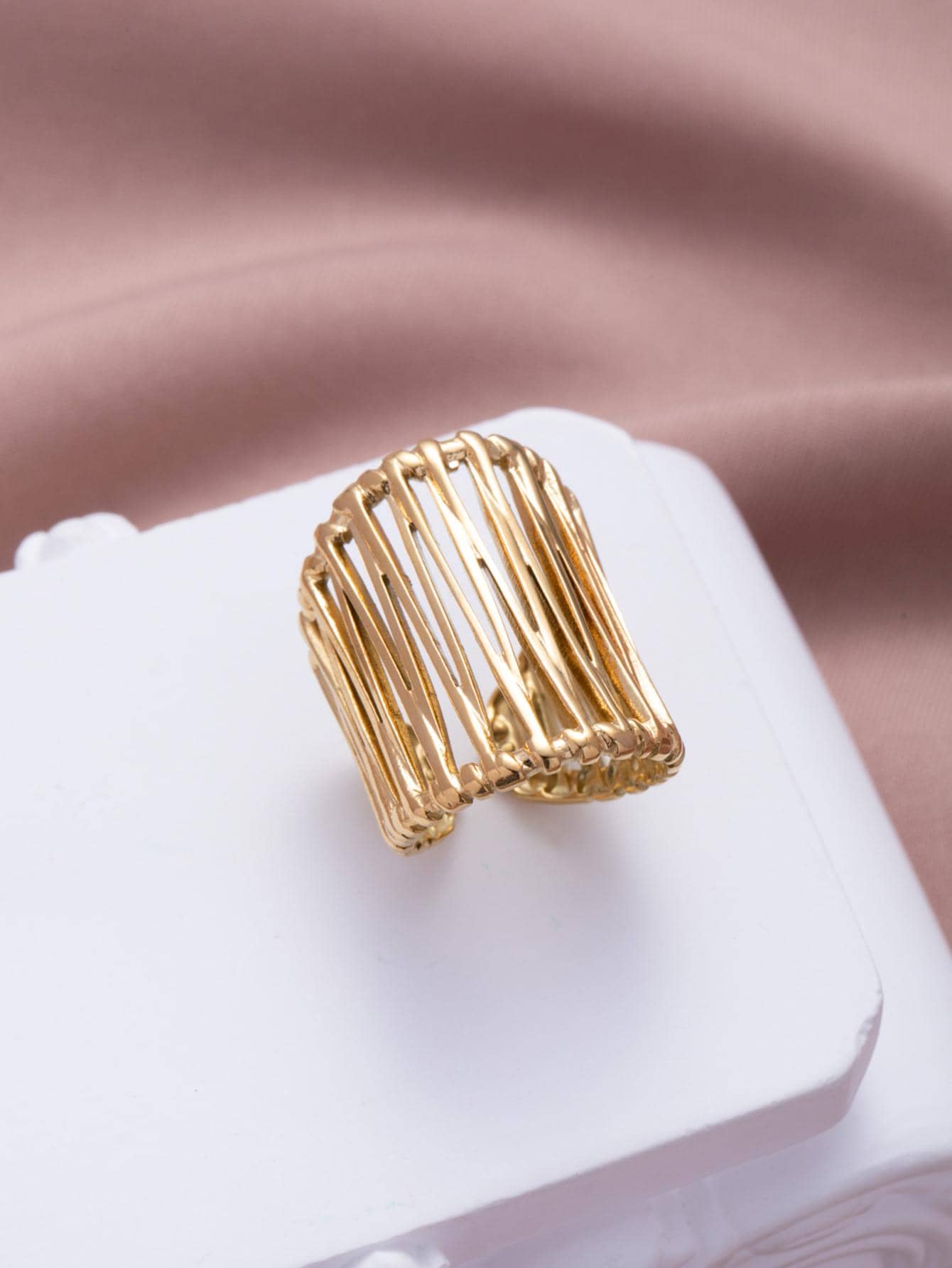 1pc Fashionable 14k Gold Plated Dopamine Stainless Steel Baroque Style Wide Face Ring With Open End, Ideal For Women's Daily Wear Gifts - Yellow Gold - View 1