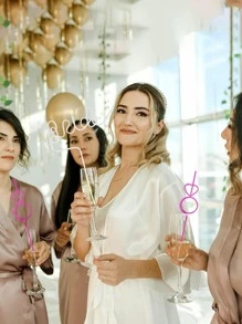 1 件可重复使用的单身派对白色新娘吸管 | 新娘送礼会派对装饰品 | 新娘礼物水钻戒指吸管，圣诞节 - 白色 - 查看 3