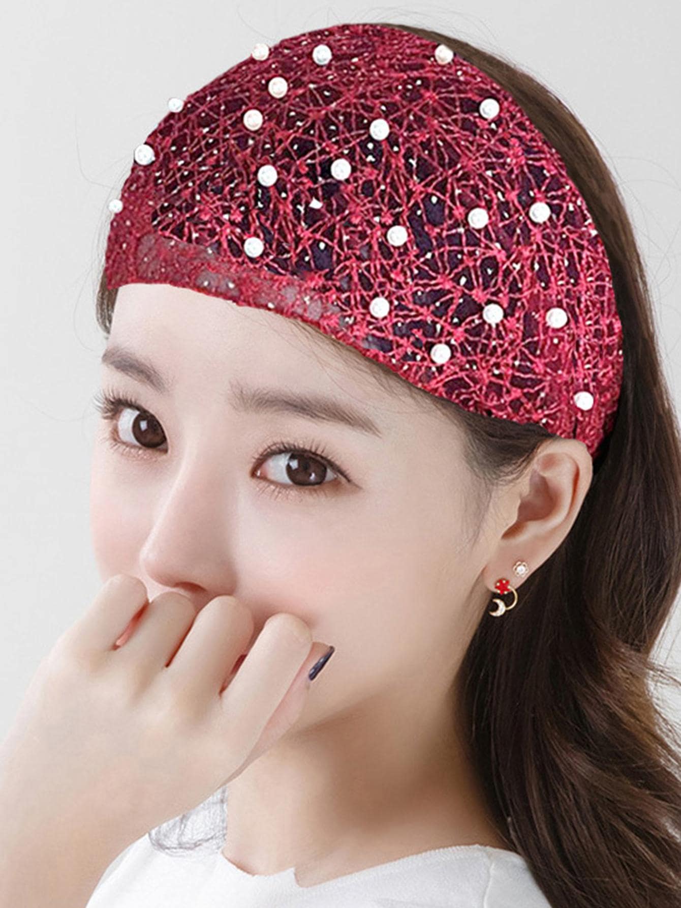 空心鏤空頭帶配飾珠子,寬邊壓頭髮,遮蓋白髮,女式發帶配件 - 紅色 - 查看 1