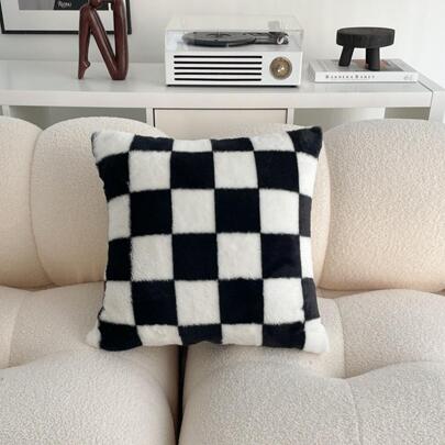 1 pieza Funda de cojín de 18x18 pulgadas con estampado de cuadros en blanco y negro de piel de conejo sintética, funda de cojín moderna y acogedora para otoño/invierno, cojín decorativo esponjoso para decoración del hogar, dormitorio minimalista, sala de estar nórdica