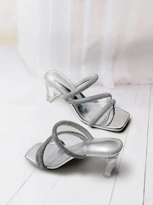 女士水鑽裝飾仿麂皮粗跟魅力四射涼鞋 - 銀色 - 查看 4