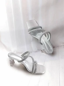 女士水鑽裝飾仿麂皮粗跟魅力四射涼鞋 - 銀色 - 查看 1