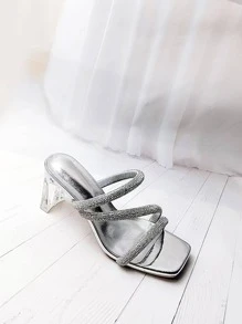 女士水鑽裝飾仿麂皮粗跟魅力四射涼鞋 - 銀色 - 查看 2