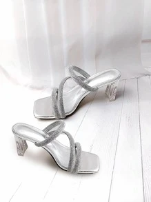 女士水鑽裝飾仿麂皮粗跟魅力四射涼鞋 - 銀色 - 查看 5