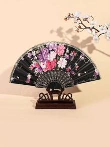 Breezier 1入組花朵圖案手動扇子 - 黑色 - 查看 1