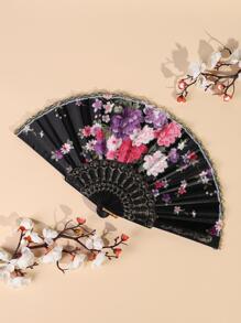 Breezier 1入組花朵圖案手動扇子 - 黑色 - 查看 3