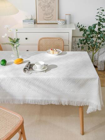 1入組素色流蘇裝飾簡約風滌綸多用途長方形桌布