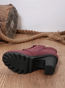 Mujer Botines con diseño de hebilla con cremallera lateral con cordón con tacón grueso clásico de moda burdeos - Burdeos - Ver 5