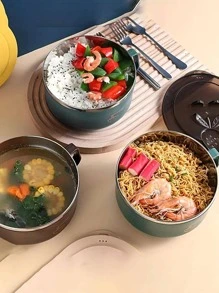 Cuenco Multifuncional Para Fideos Instantáneos De Acero Inoxidable, Cuenco Para Fideos Instantáneos De Gran Capacidad Con Tapa, Cubiertos Portátiles De Doble Propósito Con Tapa A Prueba De Quemaduras, Lonchera Para Estudiantes - Verde Oscuro - Ver 3