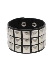 时尚手工三排方形手链哥特式朋克 PU 皮革手链金属手镯派对珠宝 - 黑色 - 查看 1