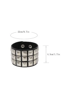 时尚手工三排方形手链哥特式朋克 PU 皮革手链金属手镯派对珠宝 - 黑色 - 查看 3