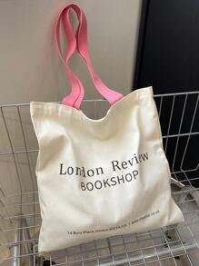 Bolsa de compras con diseño de letra, de bloques de color sin cierre, de moda, ligera y portátil, adecuada para adolescentes, mujeres, estudiantes universitarias, perfecta para volver a la escuela, la universidad, la escuela secundaria y la preparatoria