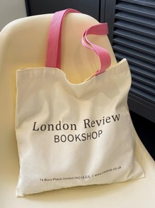 Bolsa de compras con diseño de letra, de bloques de color sin cierre, de moda, ligera y portátil, adecuada para adolescentes, mujeres, estudiantes universitarias, perfecta para volver a la escuela, la universidad, la escuela secundaria y la preparatoria