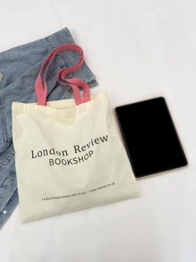 Bolsa de compras con diseño de letra, de bloques de color sin cierre, de moda, ligera y portátil, adecuada para adolescentes, mujeres, estudiantes universitarias, perfecta para volver a la escuela, la universidad, la escuela secundaria y la preparatoria