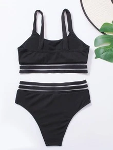 Contrast Mesh Athletic Bikini Set - Dusty Blue - View 5