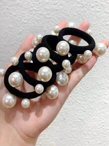 2个仿珍珠装饰发圈，优雅马尾发圈，发绳，发圈，发圈，发饰，家居美发配件 - 黑色 - 查看 3