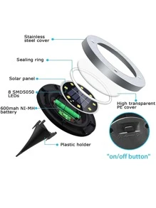 1 件 8LED 不锈钢太阳能草坪灯，现代黄色太阳能路径灯，适用于户外花园装饰