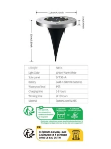 1 件 8LED 不锈钢太阳能草坪灯，现代黄色太阳能路径灯，适用于户外花园装饰