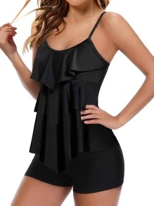 Ruffle Trim Shorts Tankini Summer Beach - Black - View 1