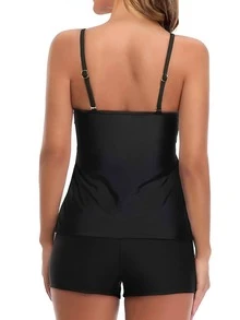 Ruffle Trim Shorts Tankini Summer Beach - Black - View 2