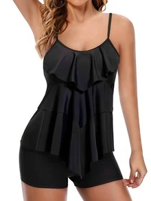 Ruffle Trim Shorts Tankini Summer Beach - Black - View 3