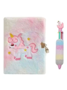 1入組獨角獸設計毛絨筆記本和1入組筆，學生創意便攜式日記筆記本 - 粉色 - 查看 1