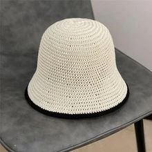 Contrast Trim Crochet Bucket Hat - Beige - View 1
