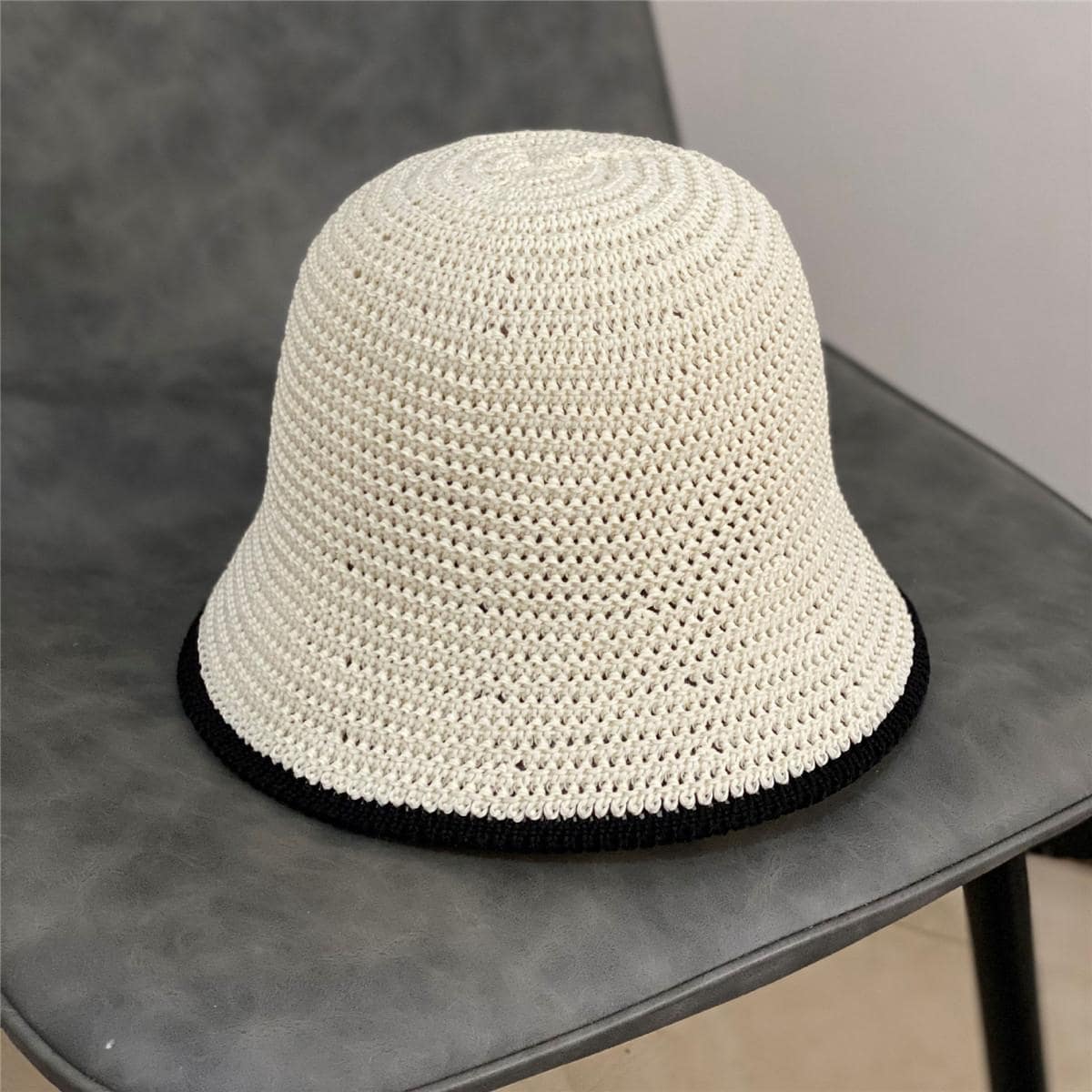 Contrast Trim Crochet Bucket Hat - Beige - View 1