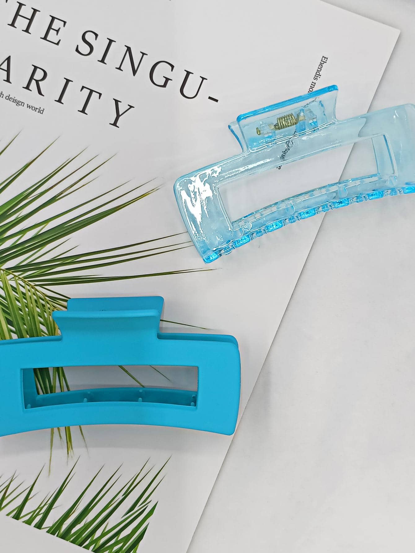 2入組女士素色矩形時尚髮爪適用於頭髮裝飾用品 - 藍色 - 查看 1