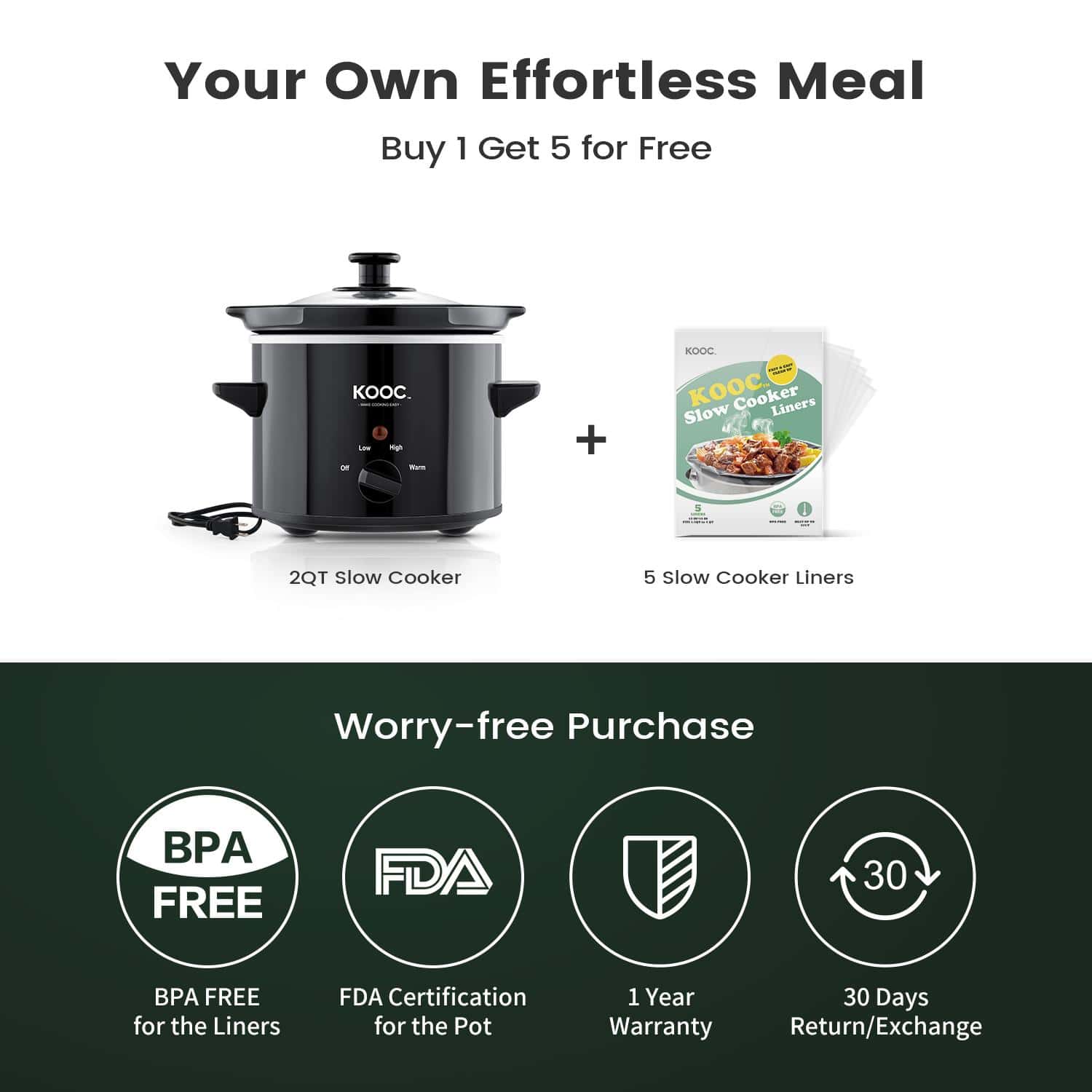 KOOC Small Slow Cooker, 2Quart, Free Liners Included for Easy Cleanup