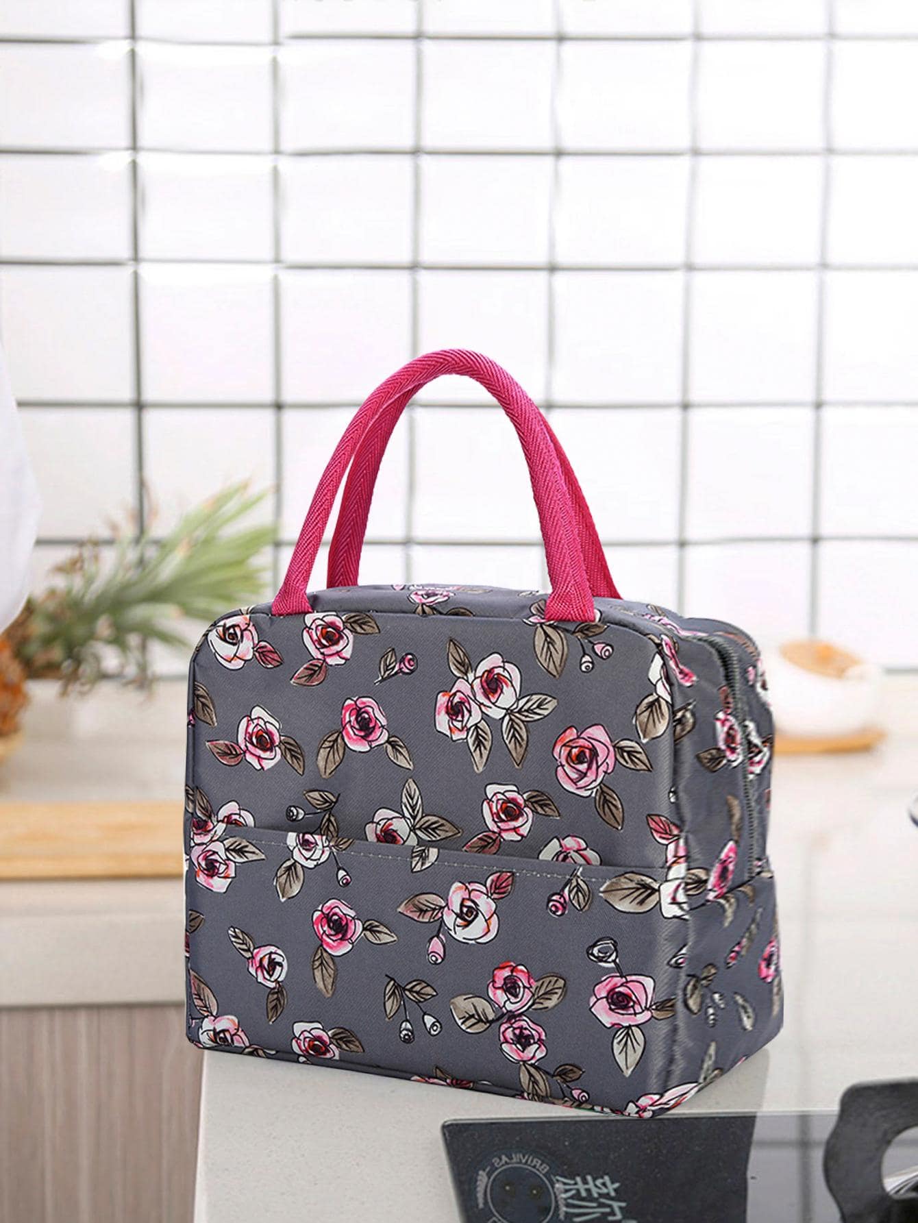 花朵印花便當袋 - 深灰色 - 查看 1