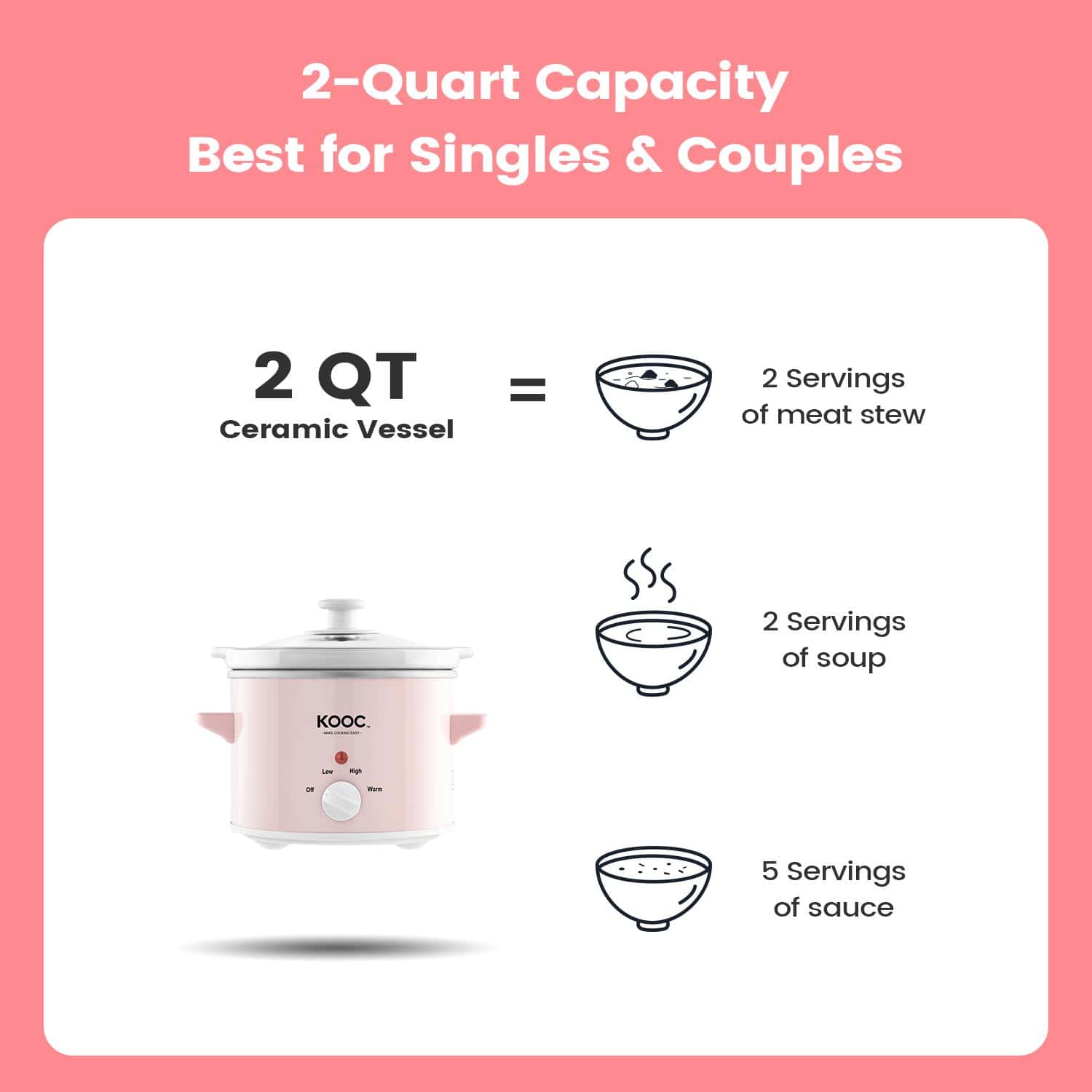 KOOC Small Slow Cooker, 2Quart, Free Liners Included for Easy Cleanup