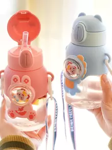 1 pieza Botella de agua circular a prueba de fugas de 600ml con diseño de dibujos animados lindos, tapa con pajita - Plástico, diseño anti-derrame, perfecto para viajes, actividades al aire libre y ejercicio - Rosa - Ver 3