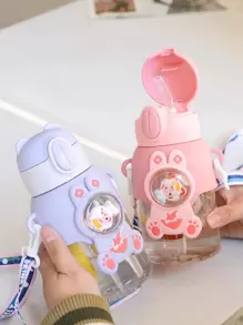 1 pieza Botella de agua circular a prueba de fugas de 600ml con diseño de dibujos animados lindos, tapa con pajita - Plástico, diseño anti-derrame, perfecto para viajes, actividades al aire libre y ejercicio - Rosa - Ver 4