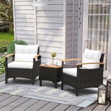 Costway 3PCS Patio Rattan Furniture Set Wooden Armrest Table Top Cushioned Deck - White - View 1