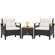 Costway 3PCS Patio Rattan Furniture Set Wooden Armrest Table Top Cushioned Deck - White - View 4