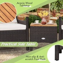 Costway 3PCS Patio Rattan Furniture Set Wooden Armrest Table Top Cushioned Deck - White - View 7