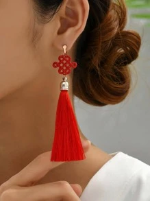 Chinese Knot Decor Tassel Drop Earrings - Red - View 1