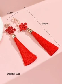 Chinese Knot Decor Tassel Drop Earrings - Red - View 2
