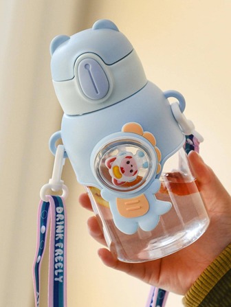 1pc 600ml Cute Cartoon Circular Leak-Proof Water Bottle With Rope, Straw Cup - Plastic, Anti-Spill Design, Perfect For Travel, Outdoor Activities & Fitnes