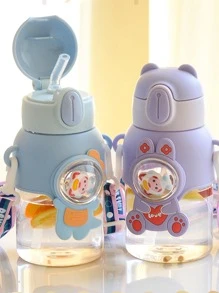 1個 600ml 可愛卡通圓形防漏水壺附吸管 - 塑料材質，防潑濺設計，適合旅行、戶外活動與健身 - 藍色 - 查看 3
