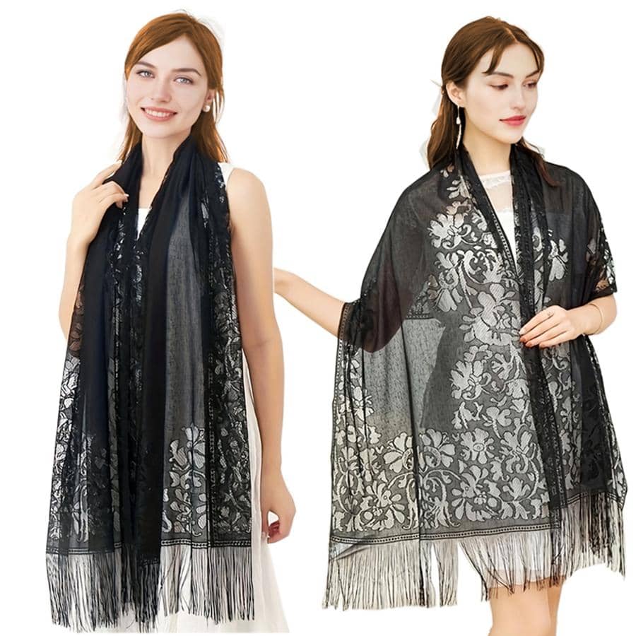 Fringe Hem Lace Scarf - Black - View 1