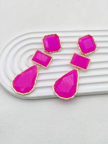 1 cặp bông tai dạng hình học bất đối xứng nhiều màu bằng polyresin theo phong cách châu Âu và Mỹ dành cho phụ kiện thời trang nữ - Màu Hồng Tươi - Xem 5