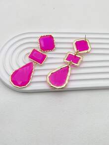 1 cặp bông tai dạng hình học bất đối xứng nhiều màu bằng polyresin theo phong cách châu Âu và Mỹ dành cho phụ kiện thời trang nữ - Màu Hồng Tươi - Xem 4