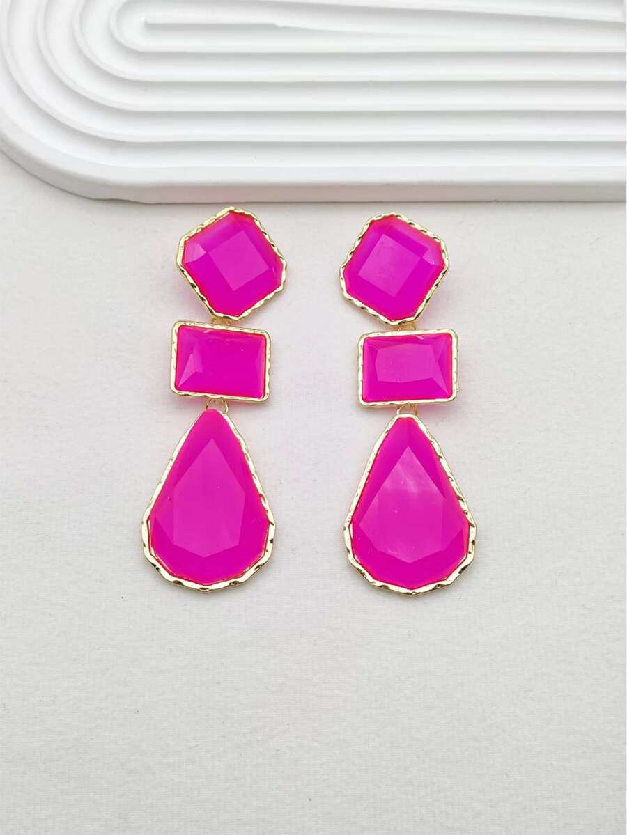 1 cặp bông tai dạng hình học bất đối xứng nhiều màu bằng polyresin theo phong cách châu Âu và Mỹ dành cho phụ kiện thời trang nữ - Màu Hồng Tươi - Xem 1